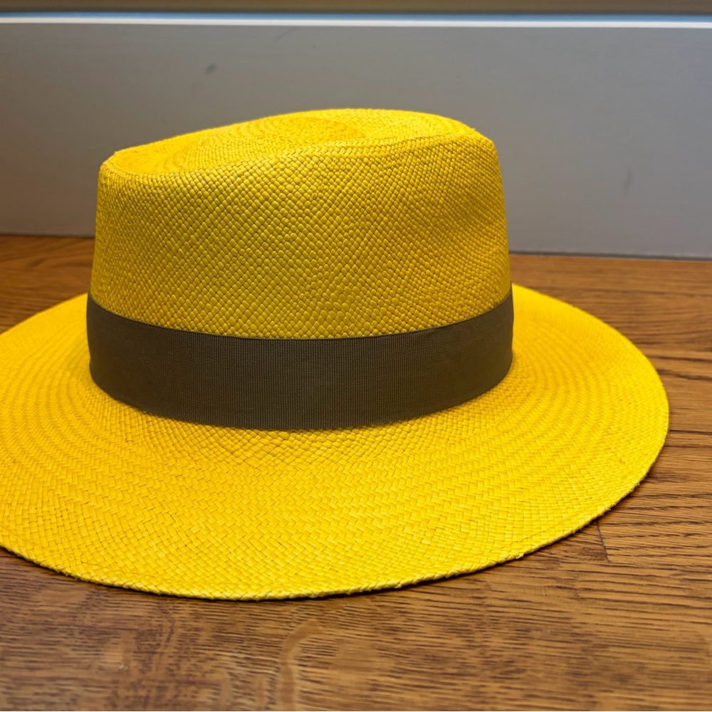 Yellow Straw Panama Fedora Hat with Brown Band